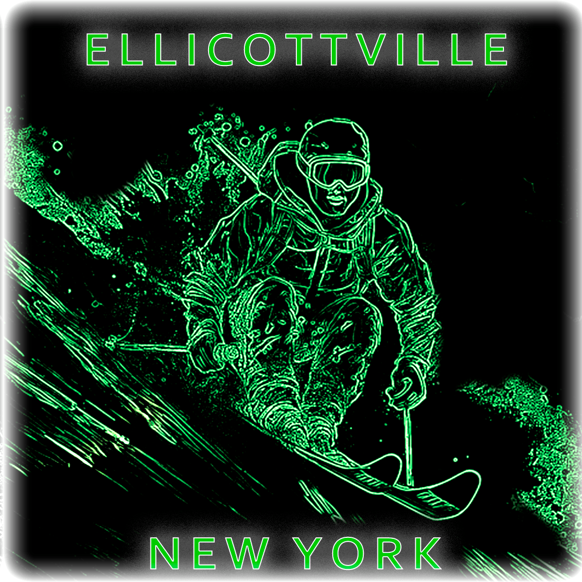 Four instances of a logo with a person skiing, labeled 'Ellicottville, New York', in different color schemes.
