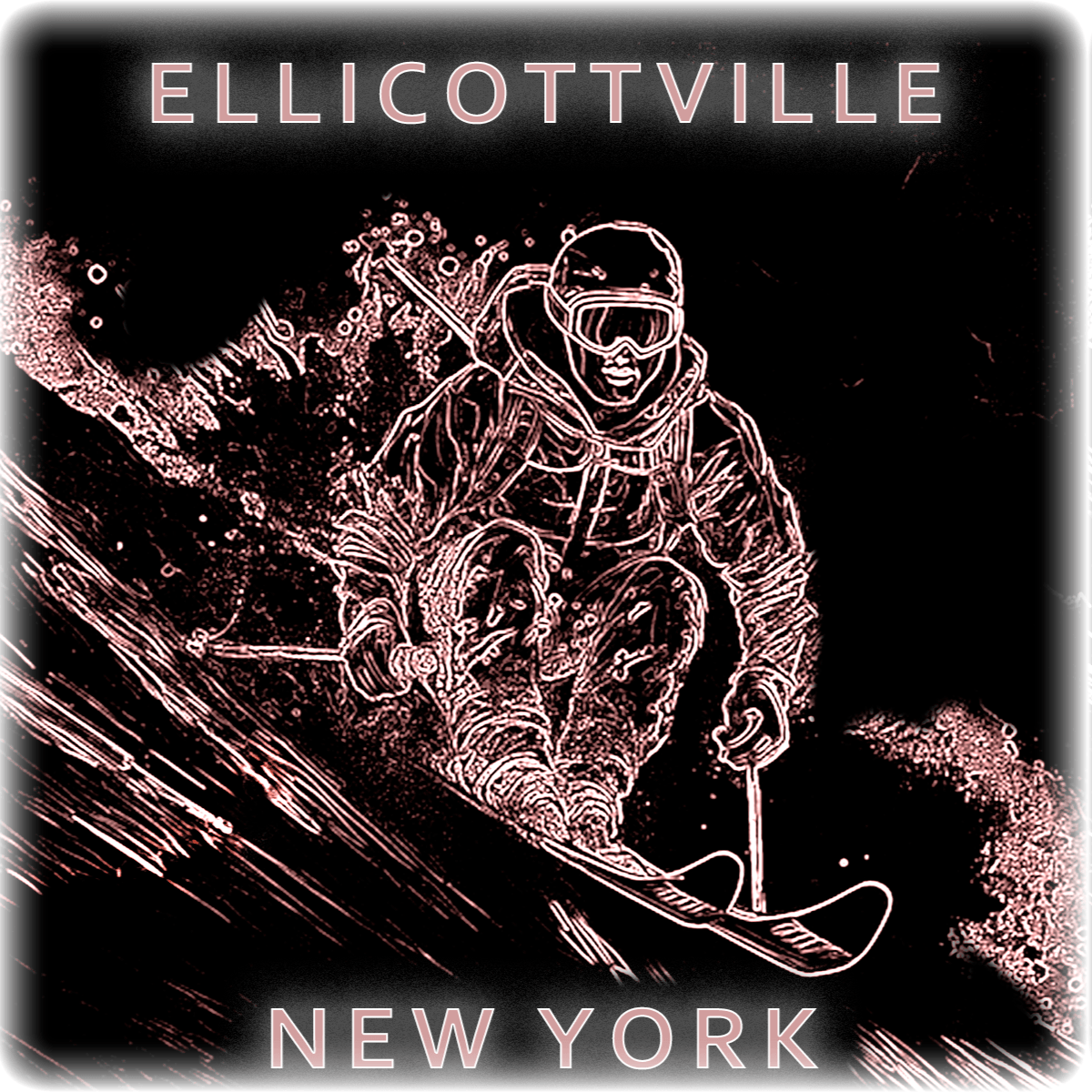 Four instances of a logo with a person skiing, labeled 'Ellicottville, New York', in different color schemes.