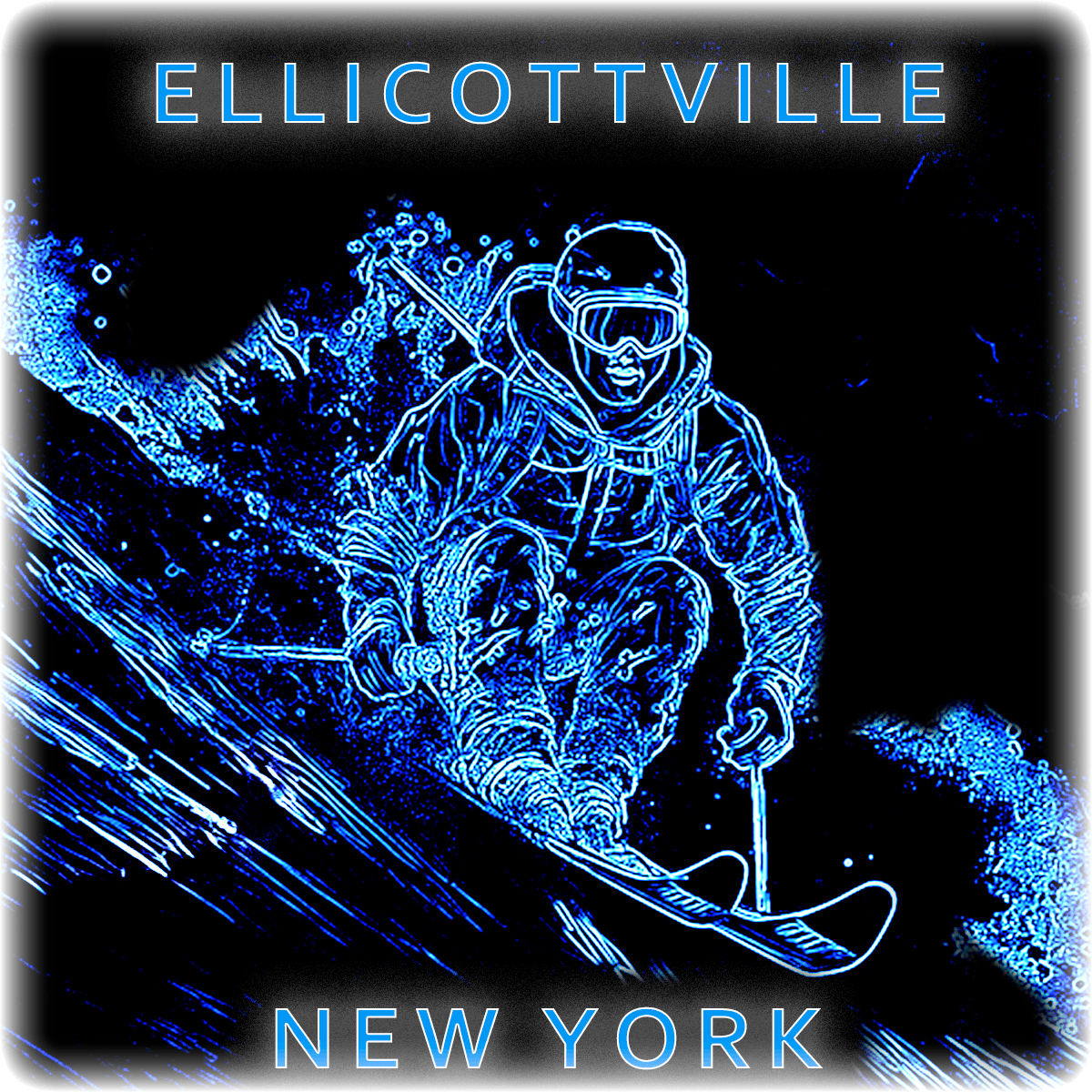 Four instances of a logo with a person skiing, labeled 'Ellicottville, New York', in different color schemes.