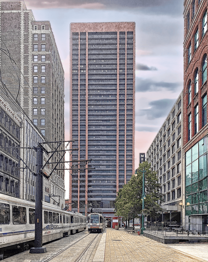 Downtown Buffalo streetcar view with tall black and red skyscraper. Featured in Collage of Magnets - Colorful Acrylic Magnet | 60 Images.