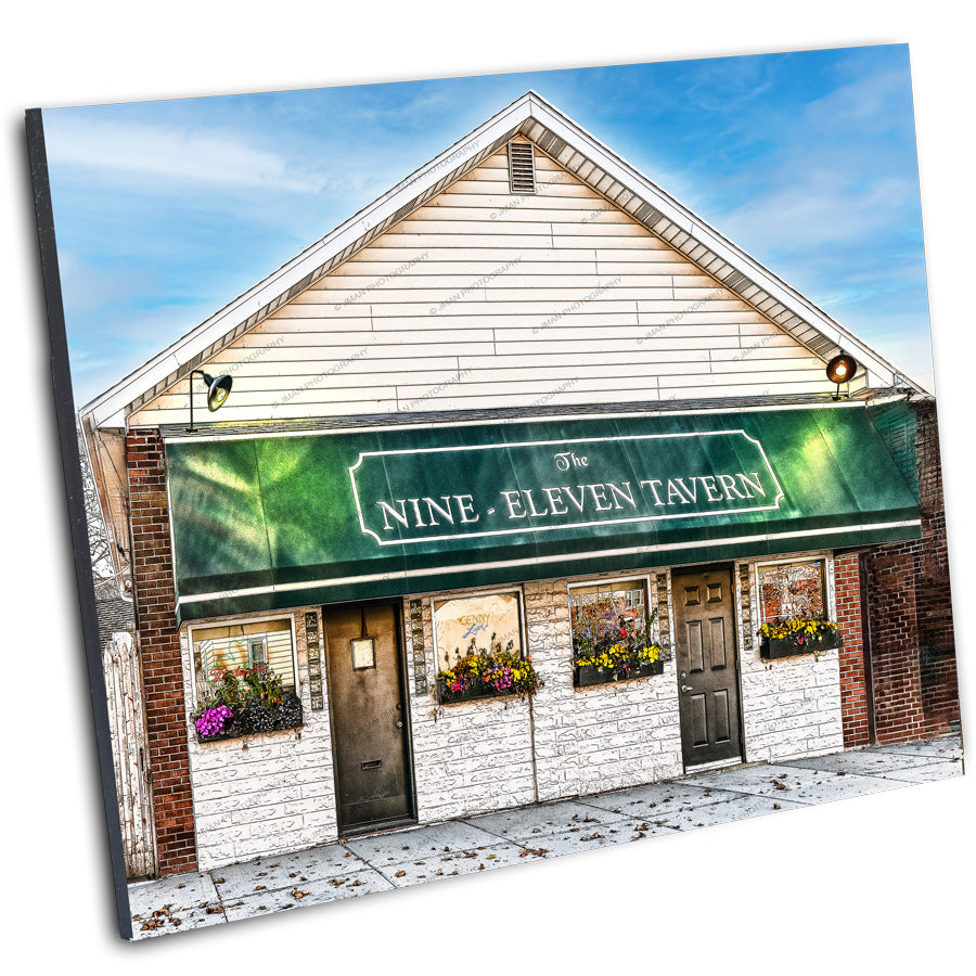 Angled view of Nine-Eleven Tavern Buffalo NY wall art print, highlighting nostalgic charm and perfect for Buffalo wings fans and local memorabilia.