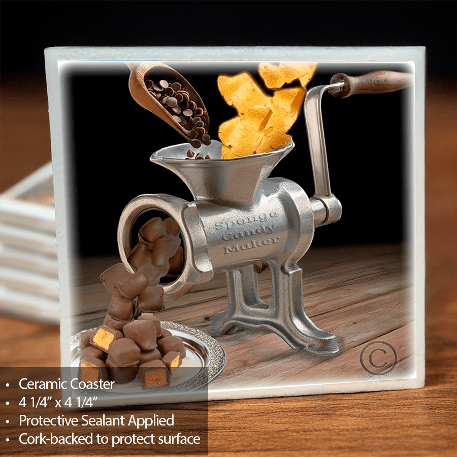 Sponge Candy Maker Coaster - Home Decor Coaster featuring a vintage grinder with chocolate and sponge candy, ceramic with cork backing for protection.