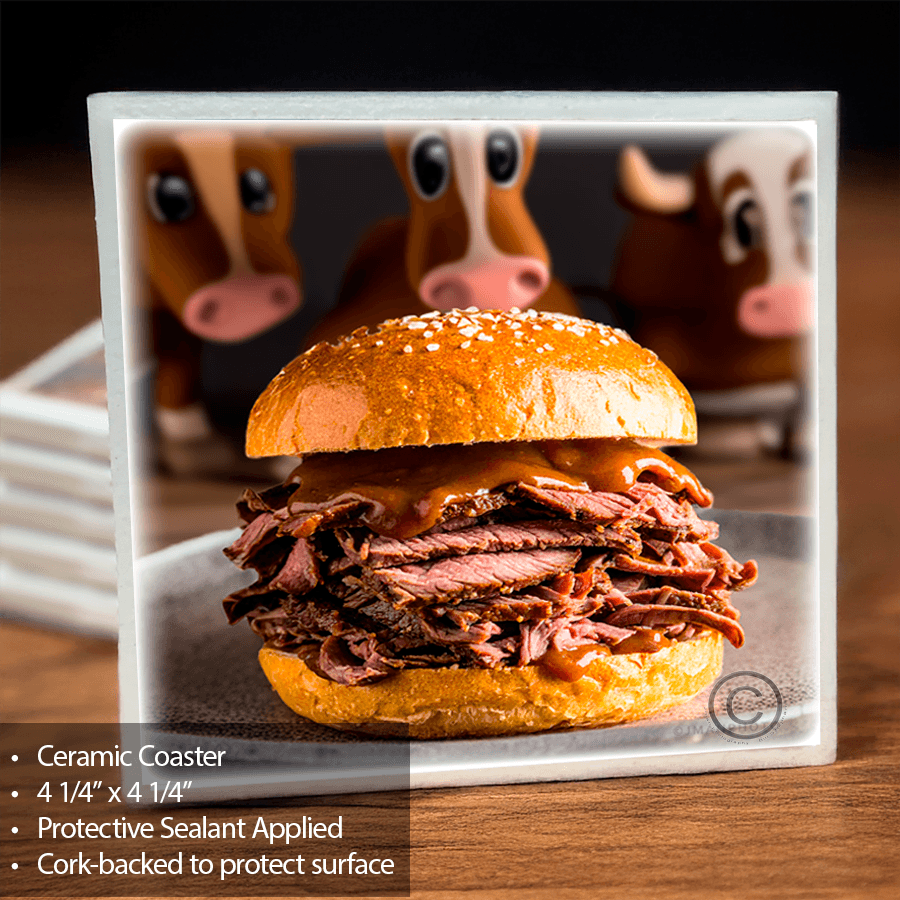 Beef on Weck Funny Comical Coaster features a juicy roast beef sandwich on a ceramic tile with cartoon cows in the background, perfect for Buffalo-themed decor.