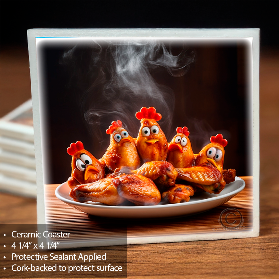Chicken Wings Coaster featuring comical cartoon chicken wings in a ceramic design with steam effect, ideal for kitchen or bar decor.