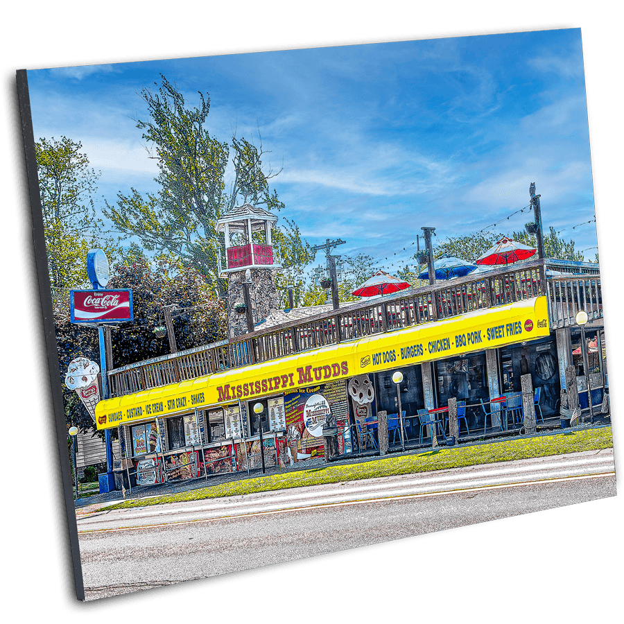 Float-mounted visual artwork of Mississippi Mudds in Tonawanda, NY, showcasing iconic roadside diner with vivid colors and retro appeal.