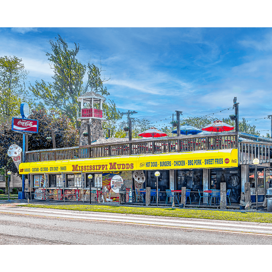 Tonawanda photo of Mississippi Mudds art print restaurant with bright yellow signage and rooftop seating, capturing nostalgic Buffalo wall art landmark charm.
