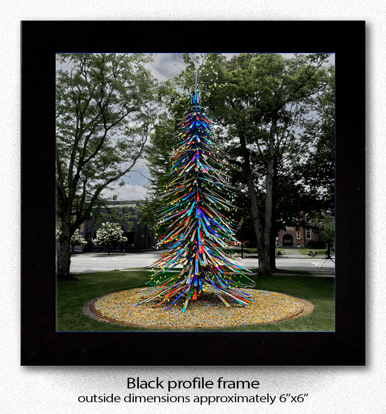 Framed Ski Tree Coaster Ellicottville print featuring summer sculpture in Ellicottville, NY. Black profile frame with approx. 6x6 inch dimensions.