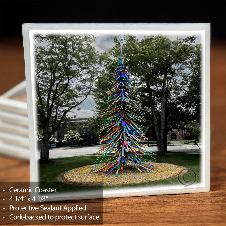 Ski Tree Coaster Ellicottville - Ceramic Coaster with vibrant summer sculpture, cork backing, and protective sealant. Ideal for home bar decor.