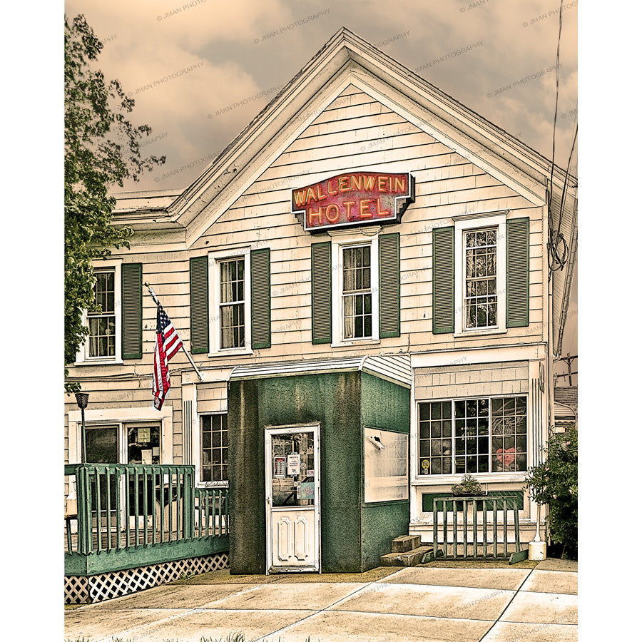 Wallenwein Hotel Photo - East Aurora NY shows historic building with American flag, ideal for nostalgic home decor and Buffalo architecture lovers.