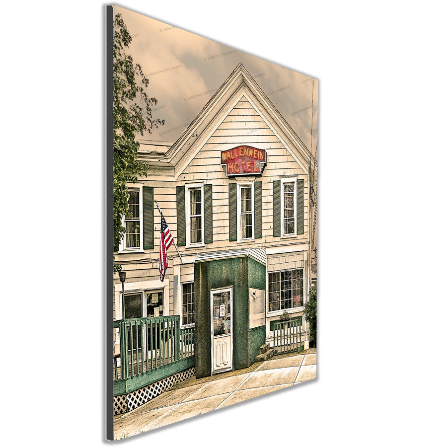 Angled view of Wallenwein Hotel Photo - East Aurora NY printed on wall art, perfect for adding vintage charm to home or office decor.