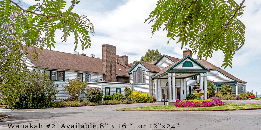 Durable archival print of Wanakah Country Club with vibrant landscaping and historic architecture, offered in 8x16 and 12x24 sizes for home decor.