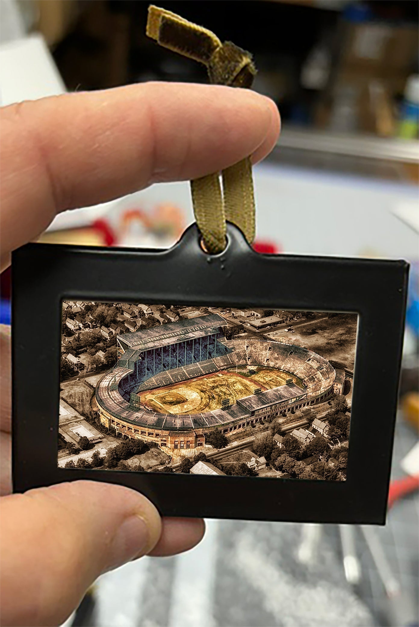 Mini Framed Artwork Ornament - Bill Dziejman's Art showing an aerial view of a vintage baseball stadium, perfect for nostalgic sports decor.