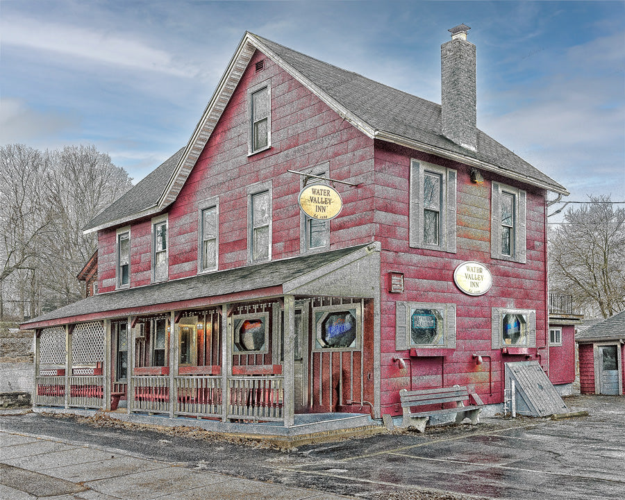 Water Valley Inn Print - Vintage Charm shows a historic red building in Hamburg, NY, ideal for Buffalo-WNY photo collectors and vintage decor lovers.