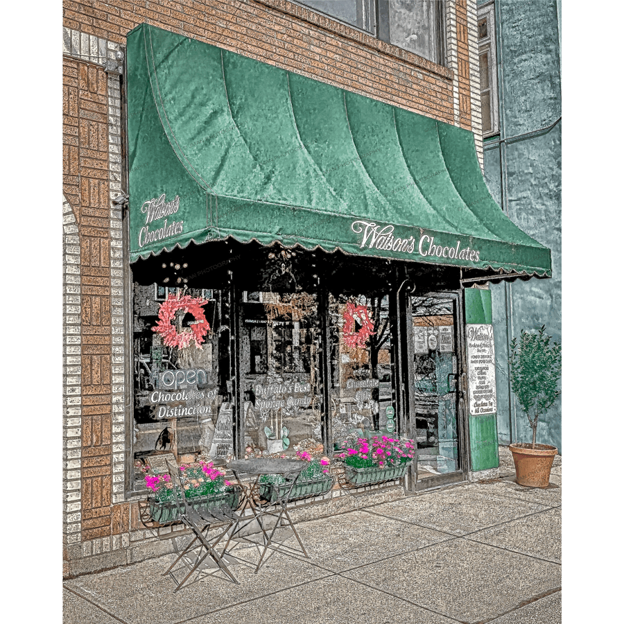 Watson's Chocolates Elmwood Photo - Nostalgic Shop Image featuring green awning, floral decor, and vintage storefront charm. Ideal Buffalo-WNY wall art.