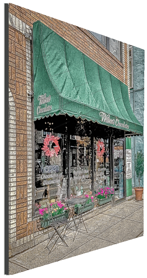 Watson's Chocolates Elmwood Photo features a nostalgic storefront with green awning and festive decor. Ideal Buffalo-WNY wall art in 5 sizes.