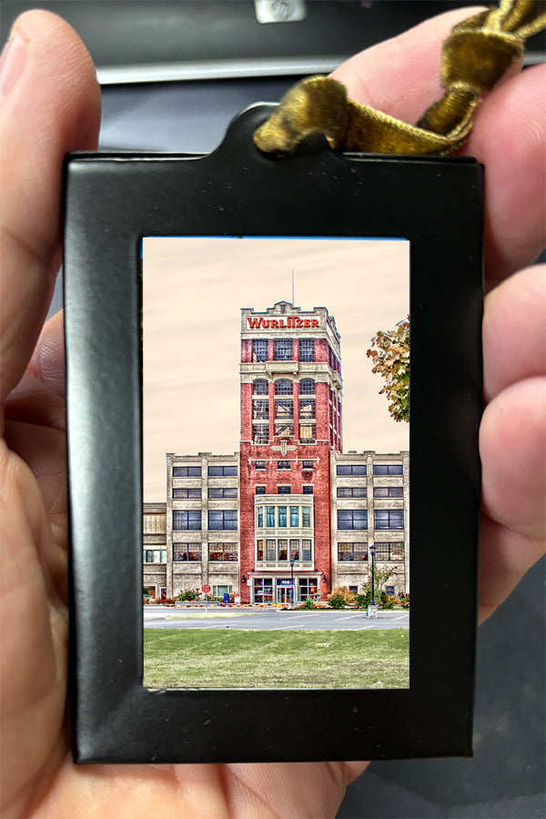 Mini Framed Artwork Ornament - Bill Dziejman's Art of the Wurlitzer Building, a historic Buffalo landmark perfect for industrial-themed decor.