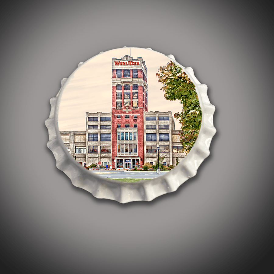 Wurlitzer Cap Bar Stool featuring a vintage Wurlitzer building print on a bottle cap-shaped seat. Unique bar stool design for home bars or cafes.