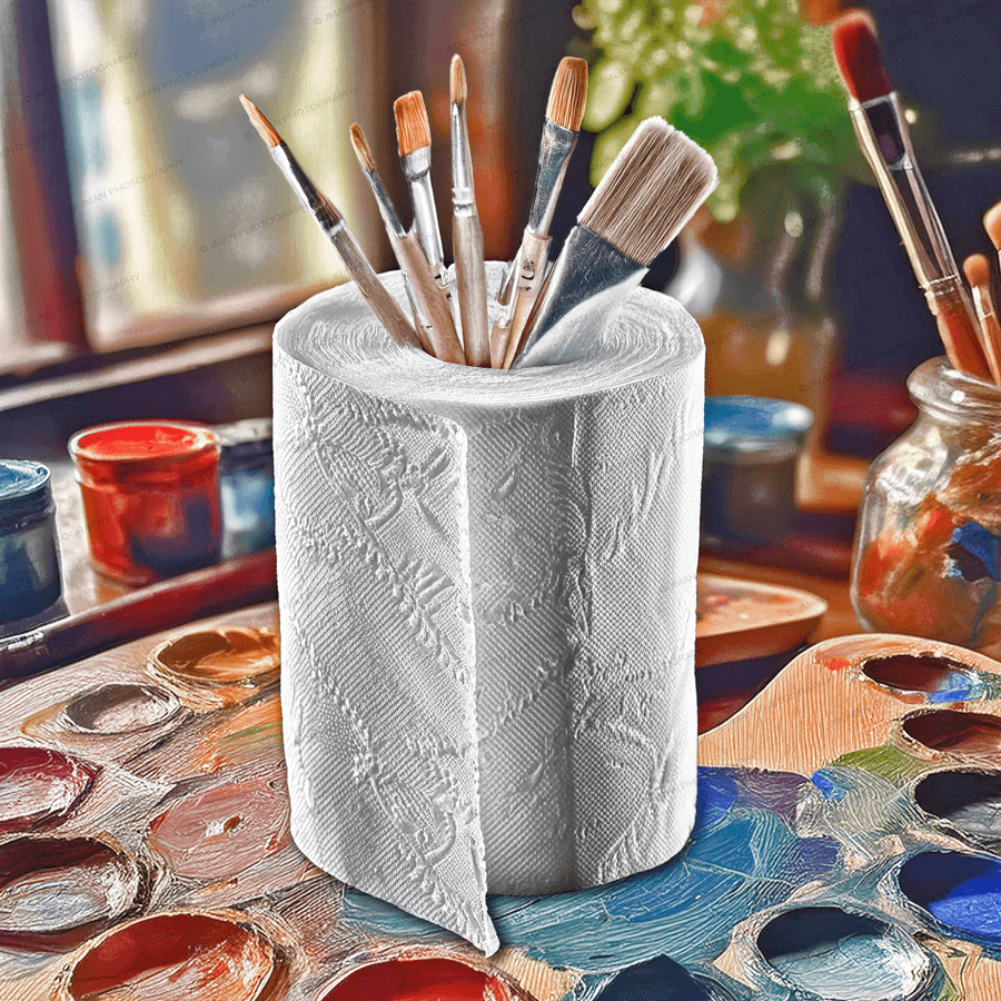 Artist Brushes Toilet Paper – Art Decor featuring a roll of toilet paper holding paintbrushes, set on a colorful painter’s palette background. Unique bathroom wall art for creative home decor.