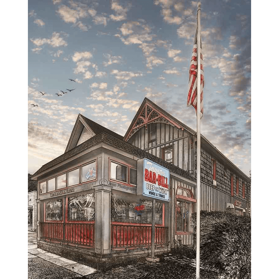 Bar-Bill Tavern Magnet featuring East Aurora landmark with vintage-style architecture, ideal for fridge decor in home or office settings.