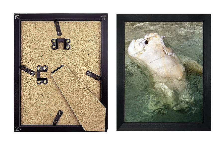 Back and front view of framed Huggin' - Bear Wall Decor, showcasing hugging polar bears in water, ideal for country-style bathroom wall art.