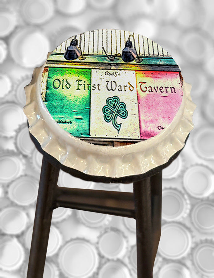 Adolf's Bottle Cap Bar Stool with Old First Ward Tavern design, featuring a wooden black frame and colorful Irish-themed seat top.