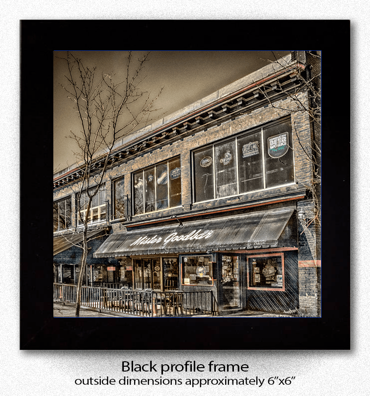 Framed print of Mister Goodbar Buffalo landmark photo by Jman Photography. Black profile frame measures approximately 6” x 6”.