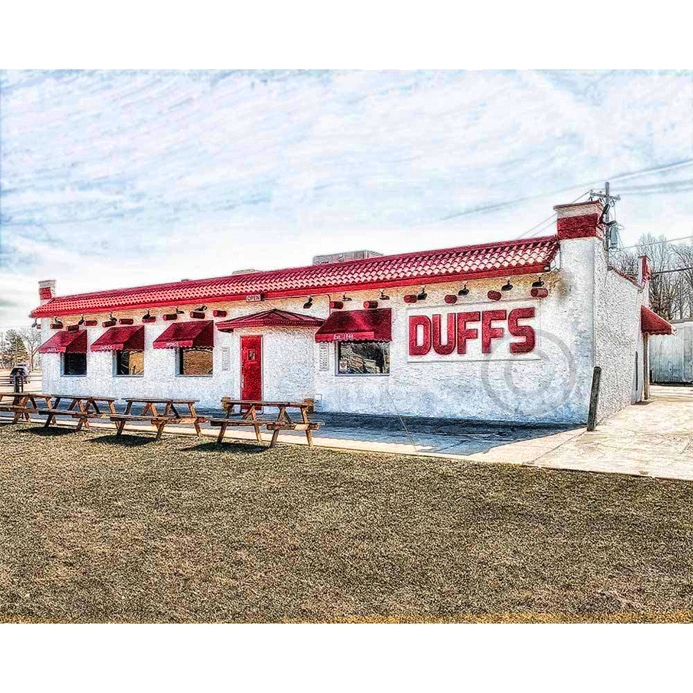 Duffs Magnet - Acrylic Decor Magnet featuring iconic Buffalo NY landmark with red signage, perfect for fridge or metal surfaces, scratch resistant.