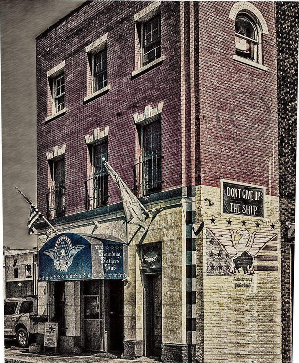Founding Fathers Pub Magnet - Acrylic Fridge Magnet featuring historic Buffalo NY pub with patriotic mural and signage, ideal for home or office decor.
