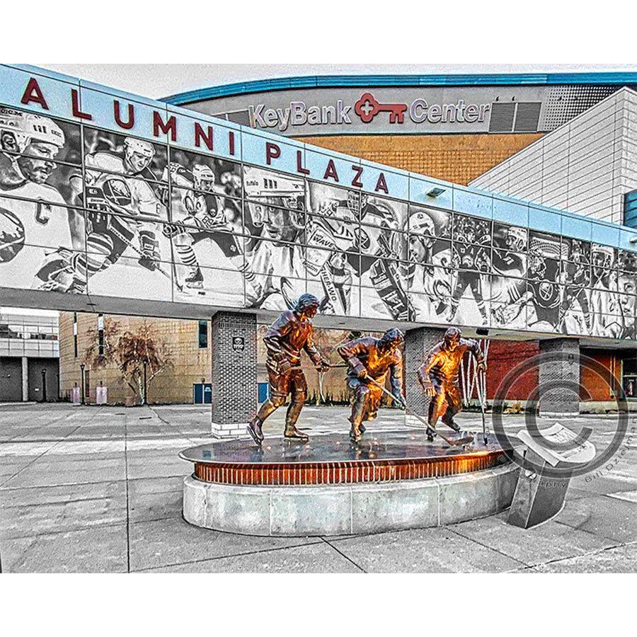 French Connection Magnet featuring Buffalo's Alumni Plaza with bronze hockey statues and KeyBank Center, a colorful acrylic decoration for fridges.