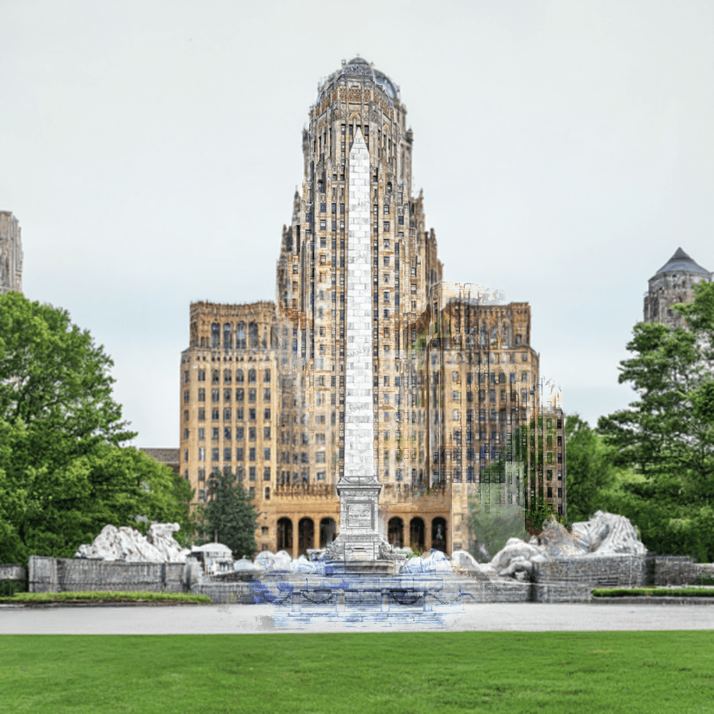 Buffalo City Hall and McKinley Monument captured in high-resolution photography, showcasing vintage charm and architectural grandeur for wall art.