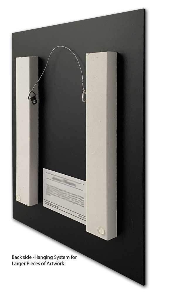 Back view of larger History Museum Spring print with wire hanging system and reinforced wood supports. Secure and professional Buffalo architecture artwork display.