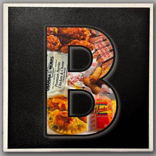Letter B coaster from Bflo Flavor Coasters set, showcasing Buffalo favorites like wings, pierogi, and chicken finger subs on a ceramic tile.