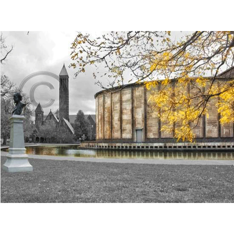 Kleinhans Music Hall Magnet - Add Flair | Decorative Acrylic featuring a sepia-toned image of the iconic Buffalo landmark with autumn trees and a reflective pond.