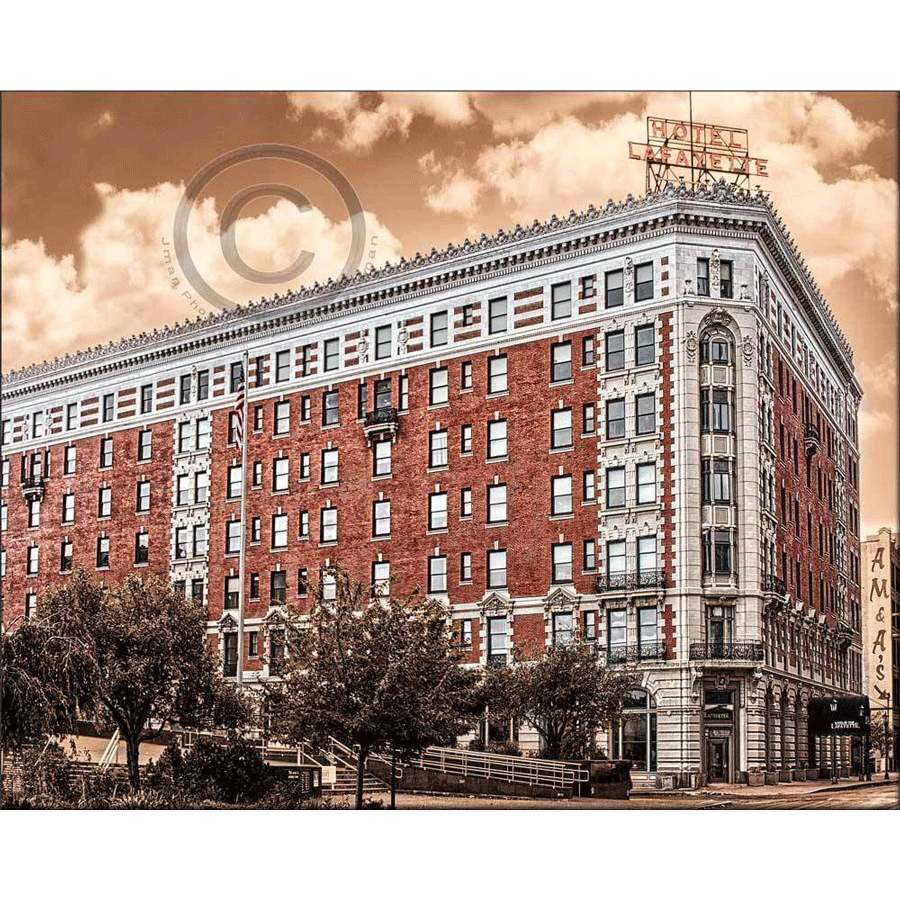 Lafayette Hotel Magnet - Acrylic Magnet featuring historic Buffalo landmark in sepia tones. Scratch-resistant decor for fridge or locker.