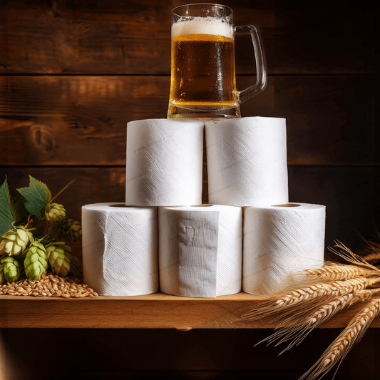 Men's Room Wall Art featuring stacked toilet paper rolls with a beer mug on top, ideal for humorous bathroom decor in home and garden settings.
