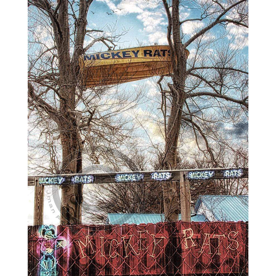 Mickey Rats Magnet featuring a vintage-style photo of the iconic Mickey Rats sign among bare trees, ideal for Buffalo NY decor collectors.