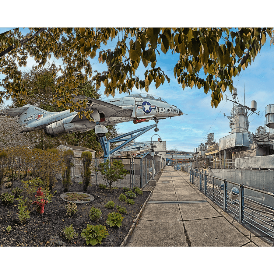 Naval Warriors - USS The Sullivans photo print featuring a vintage U.S. Air Force jet on display at Buffalo Naval Park. Ideal for military history decor.