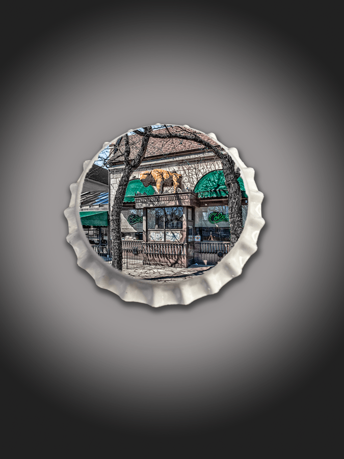 Brick Bar Stool - Coles Bar Bottle Cap design features a unique bottle cap shape with a printed bar scene, ideal for rustic or themed bar decor.