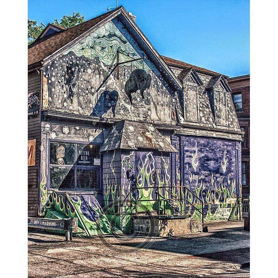 Old Pink Dive Bar Magnet features a vivid acrylic print of a historic Buffalo dive bar with colorful graffiti and mural art, ideal for collectors.