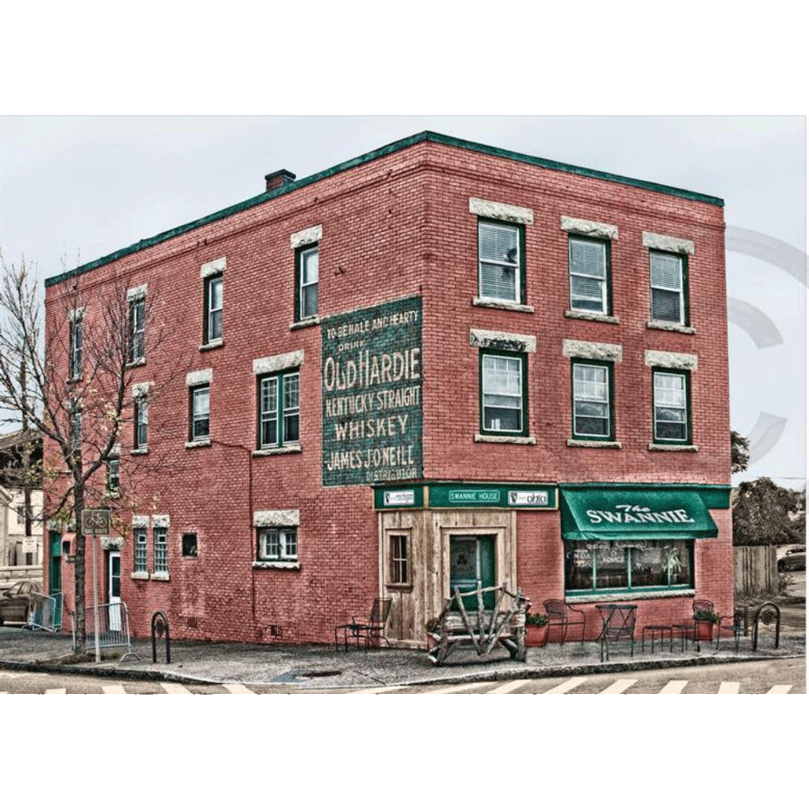 Swannie House Magnet - Swannie House Acrylic | Colorful Image featuring historic Buffalo landmark with vintage whiskey ad on red brick building.