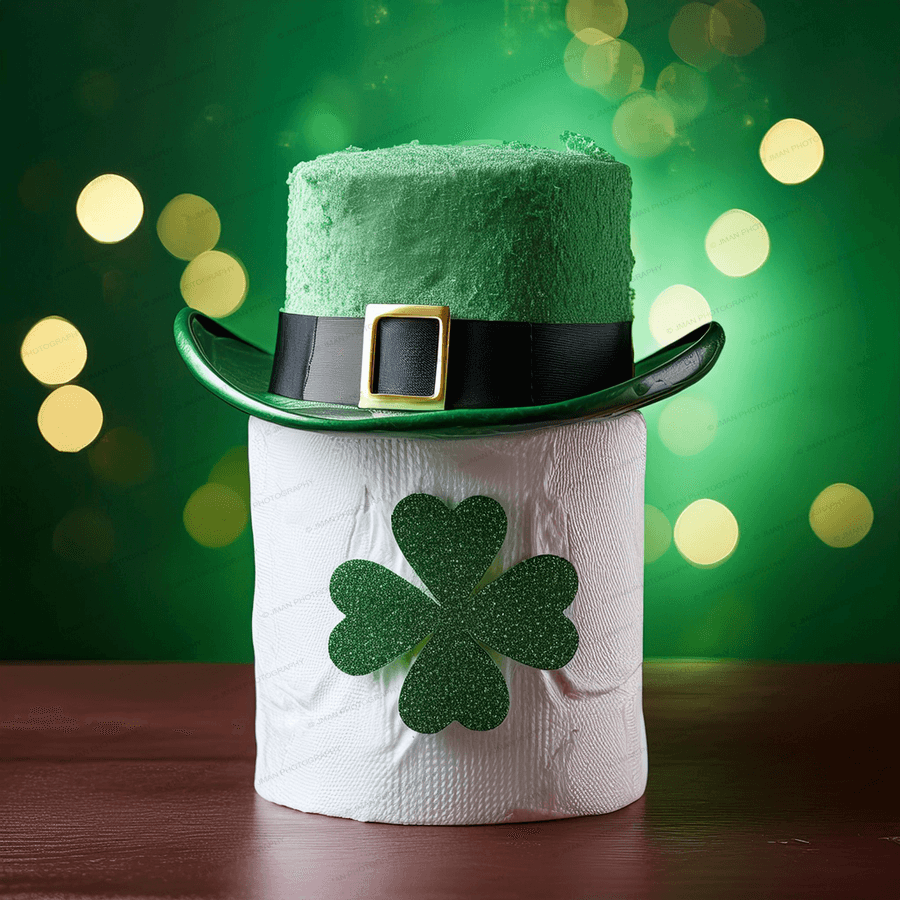 Close-up of St. Patrick's Day toilet paper wall art with glittery shamrock and green top hat, ideal for humorous festive bathroom decor.