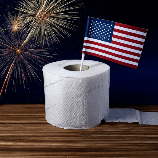 Close-up of festive 4th of July wall art showing a toilet paper roll with U.S. flag and fireworks, ideal for patriotic bathroom decor.