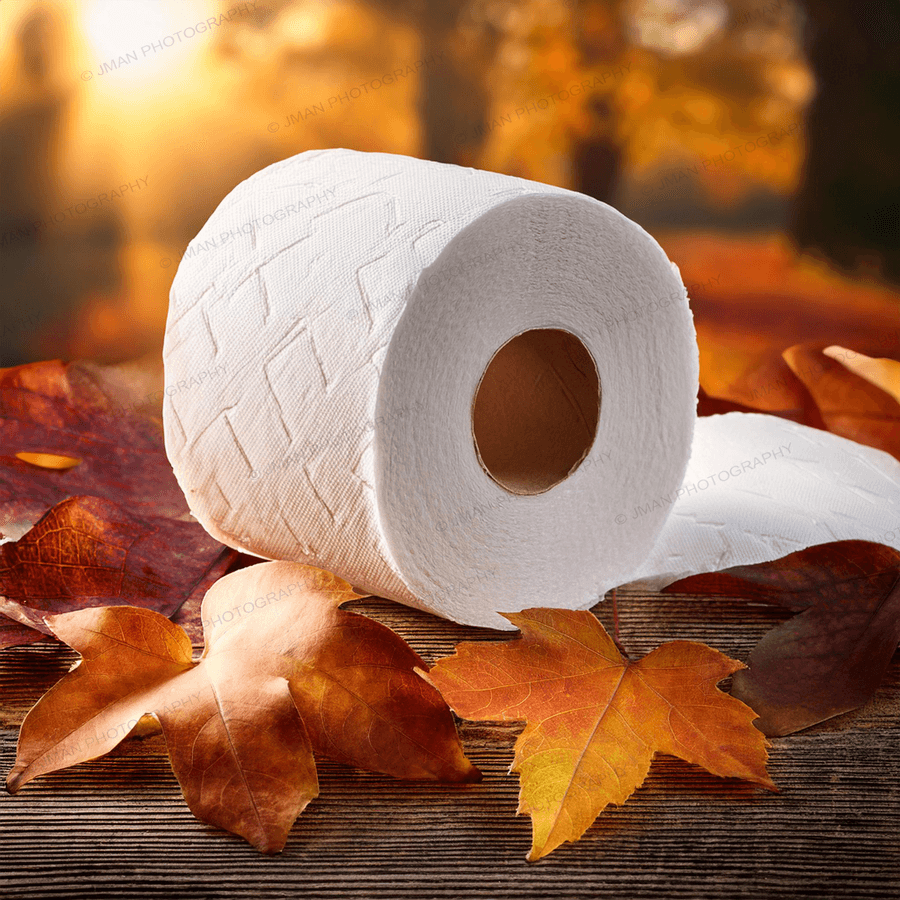 Close-up of Fall Leaves Toilet Paper wall art with vivid autumn foliage and soft lighting, ideal for festive bathroom decoration and gift ideas.
