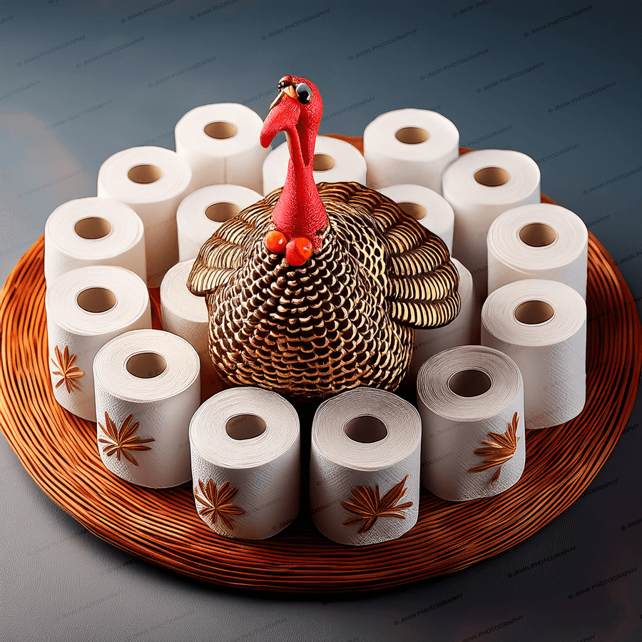 Close-up of Thanksgiving Toilet Paper decor with a turkey figure and autumn leaf-printed toilet paper rolls, ideal for seasonal bathroom wall art.