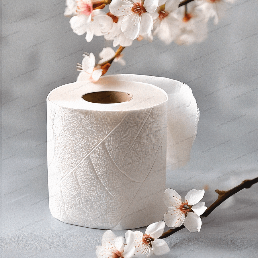 Close-up of Spring Toilet Paper Art showing delicate cherry blossoms and embossed toilet paper texture, perfect for seasonal bathroom decoration.