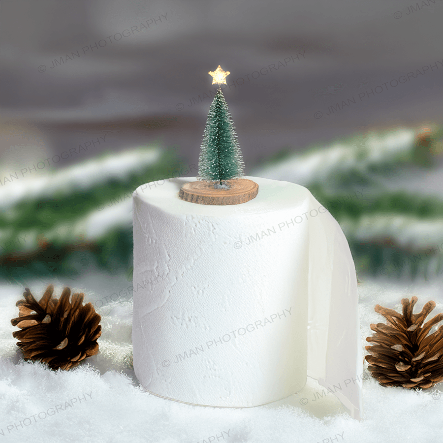 Close-up of Christmas Toilet Paper Decor with a tree and star on a toilet roll, ideal for holiday-themed bathroom wall art.