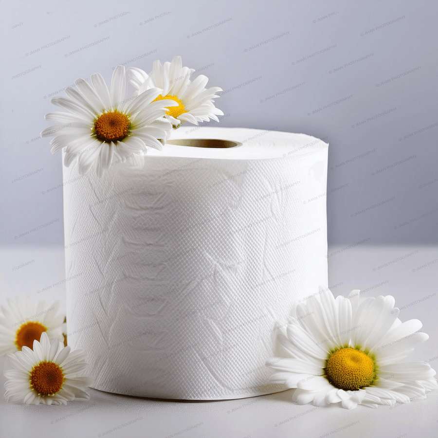 Close-up of Daisy's Toilet Paper Art showing a detailed roll of toilet paper with fresh daisies, perfect for quirky bathroom wall decor.