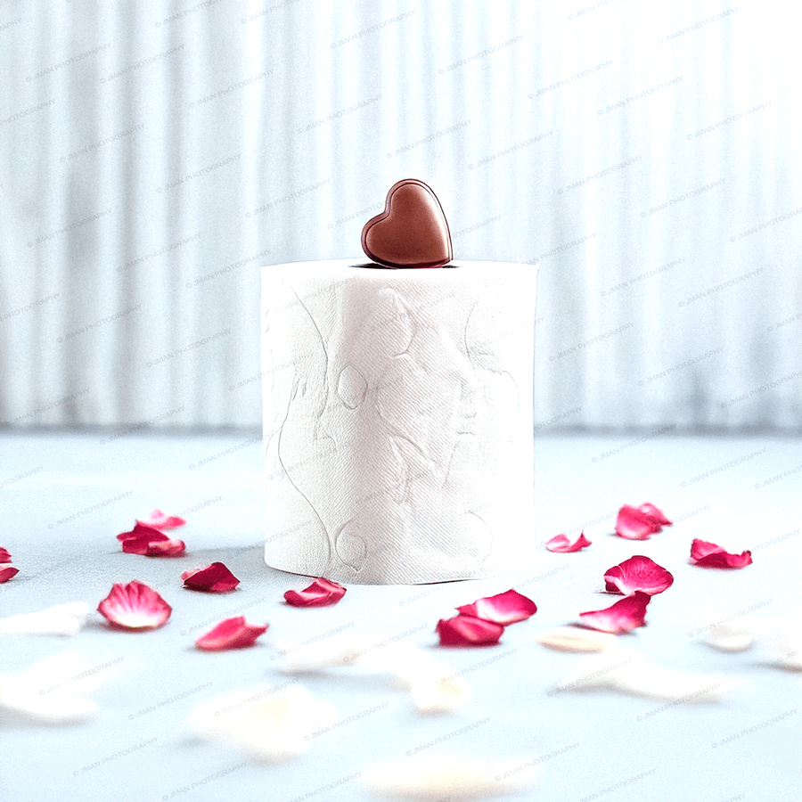 Close-up of Valentine's Day toilet paper roll with embossed design, topped with a chocolate heart and scattered rose petals. Fun romantic bathroom accent.