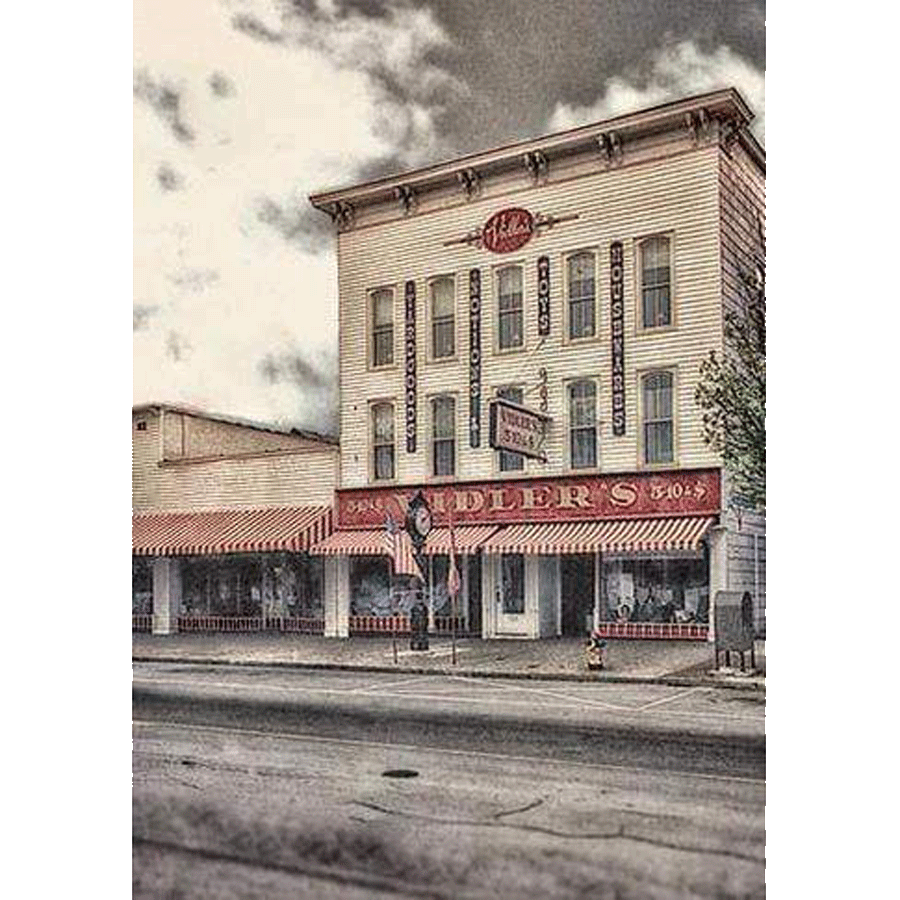 Vidlers of East Aurora Magnet features a vintage-style photo of the iconic 5 & 10 store with red awnings. Ideal fridge decor for Buffalo lovers.