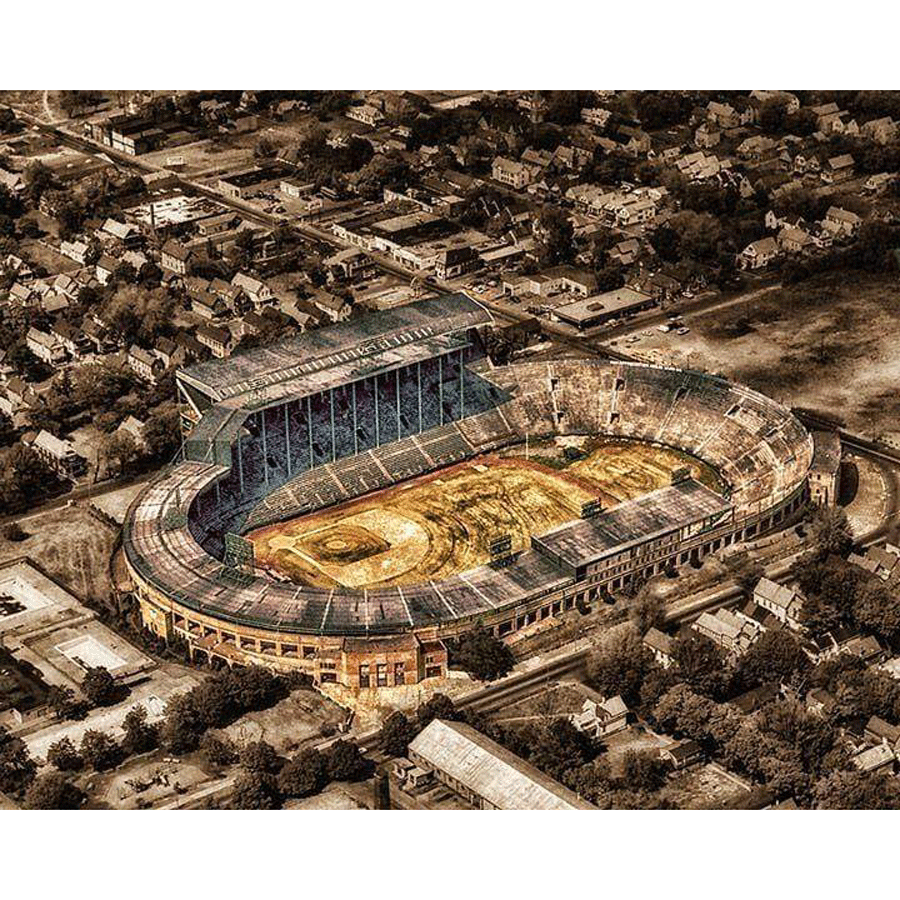 War Memorial Magnet - Acrylic Magnet | Jman Photography featuring a sepia-toned aerial photo of a historic stadium in Buffalo, NY. Ideal for home decor.